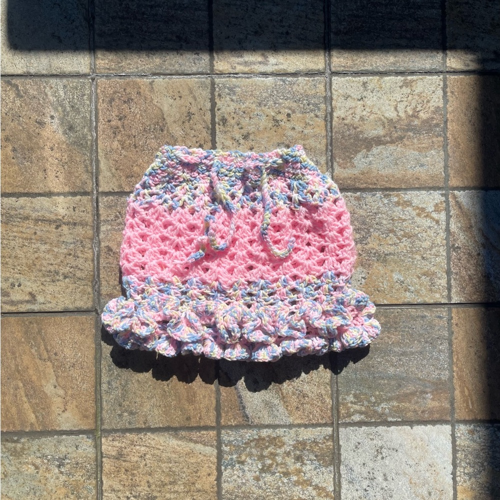 Handmade Crochet Hot Pink Ruffle Mini Skirt | Multicolor Trim | Adjustable
